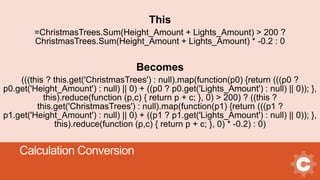 Calculation Conversion
This
=ChristmasTrees.Sum(Height_Amount + Lights_Amount) > 200 ?
ChristmasTrees.Sum(Height_Amount + Lights_Amount) * -0.2 : 0
Becomes
(((this ? this.get('ChristmasTrees') : null).map(function(p0) {return (((p0 ?
p0.get('Height_Amount') : null) || 0) + ((p0 ? p0.get('Lights_Amount') : null) || 0)); },
this).reduce(function (p,c) { return p + c; }, 0) > 200) ? ((this ?
this.get('ChristmasTrees') : null).map(function(p1) {return (((p1 ?
p1.get('Height_Amount') : null) || 0) + ((p1 ? p1.get('Lights_Amount') : null) || 0)); },
this).reduce(function (p,c) { return p + c; }, 0) * -0.2) : 0)
 