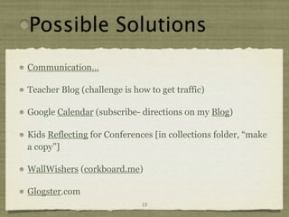 Possible Solutions
Communication...

Teacher Blog (challenge is how to get traffic)

Google Calendar (subscribe- directions on my Blog)

Kids Reflecting for Conferences [in collections folder, “make
a copy”]

WallWishers (corkboard.me)

Glogster.com
                             15
 