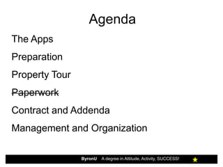 Agenda
The Apps
Preparation
Property Tour
Paperwork
Contract and Addenda
Management and Organization

                Byro...
