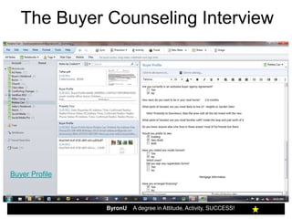 The Buyer Counseling Interview




Buyer Profile



                ByronU   A degree in Attitude, Activity, SUCCESS!
 