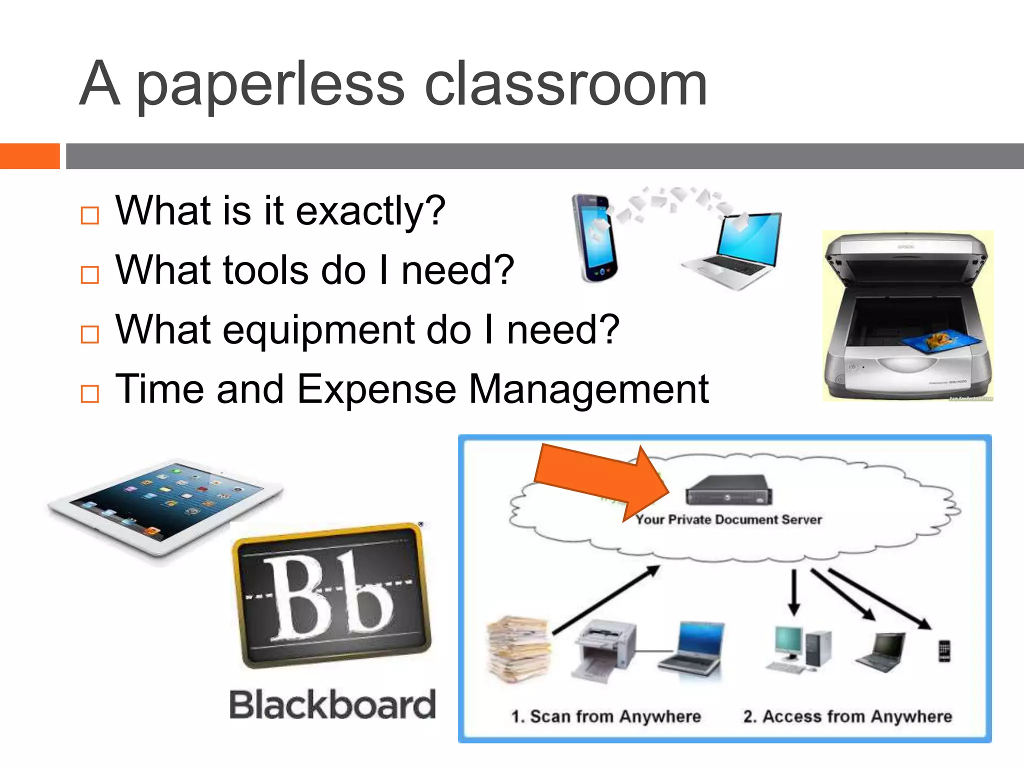 A paperless classroom
 What is it exactly?
 What tools do I need?
 What equipment do I need?
 Time and Expense Management
 