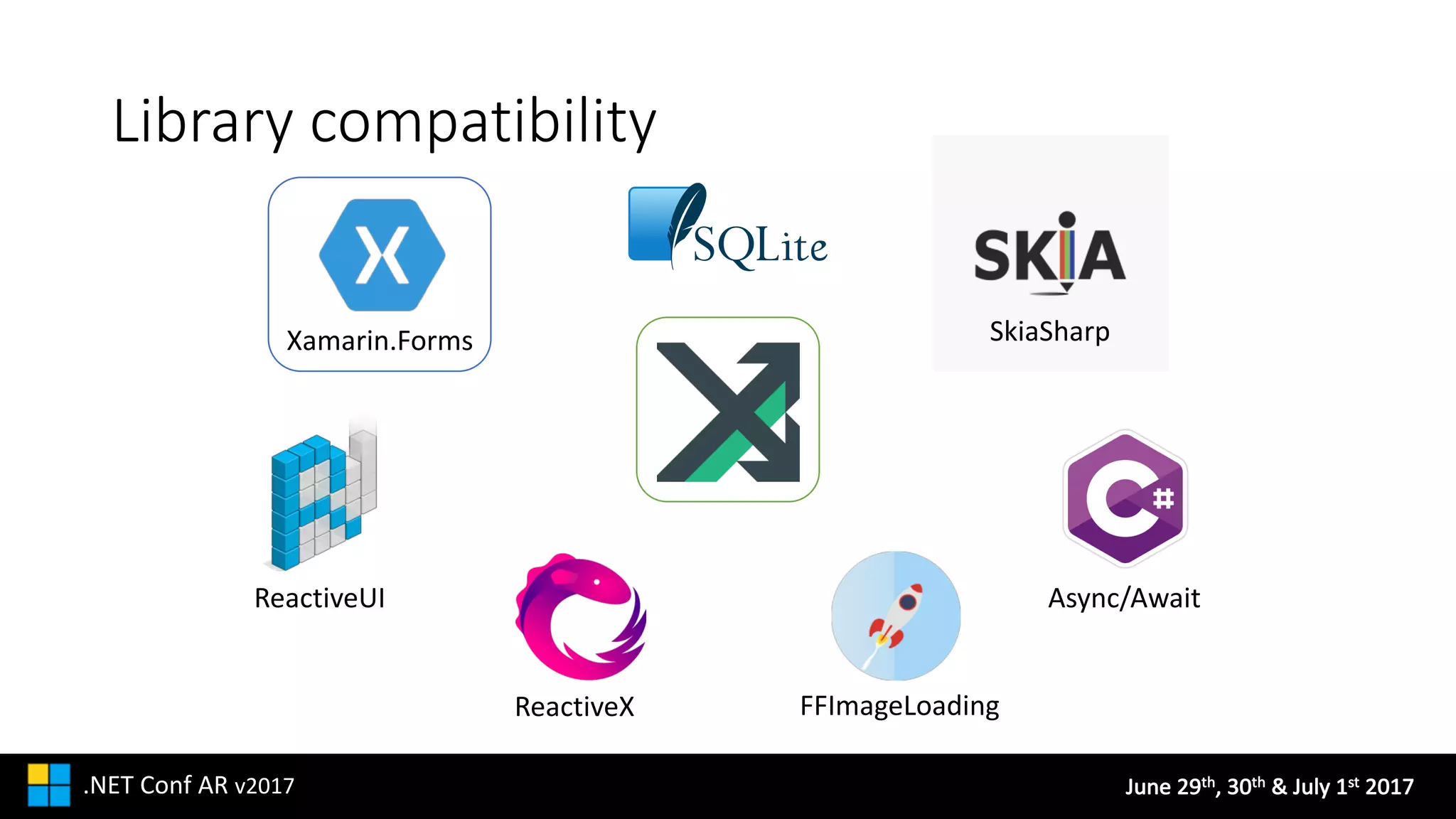 June	29th,	30th &	July	1st 2017.NET	Conf AR v2017
Library	compatibility
Xamarin.Forms
ReactiveUI
ReactiveX
SkiaSharp
FFImageLoading
Async/Await
 