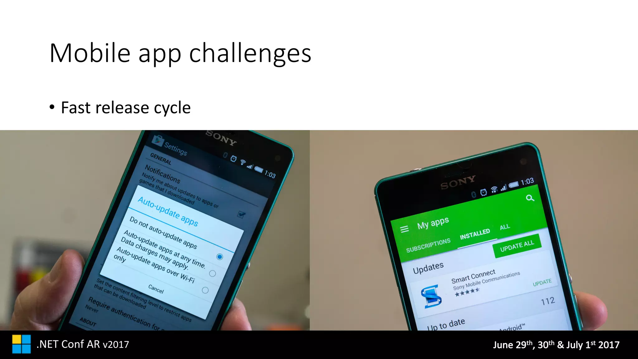 June	29th,	30th &	July	1st 2017.NET	Conf AR v2017
Mobile	app	challenges
• Fast	release	cycle
 