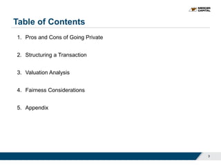 Table of Contents
1. Pros and Cons of Going Private
2. Structuring a Transaction
3. Valuation Analysis
4. Fairness Considerations
5. Appendix
3
 