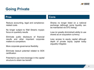Reduce accounting, legal and compliance-
related costs
No longer subject to Wall Street’s myopic
focus on quarterly results
Eliminate public disclosure of financial
results and other important corporate
matters to competitors
More corporate governance flexibility
Eliminate lawsuit potential related to SOX
certification
Potential to use more leverage in the capital
structure to obtain tax benefit
Shares no longer listed on a national
exchange (although some liquidity can
be maintained via OTC listing)
Lose (or greatly diminished) ability to use
shares as an acquisition currency
Less access to equity capital although
depth of private equity capital today
arguably mitigates
Going Private
Pros Cons
8
 