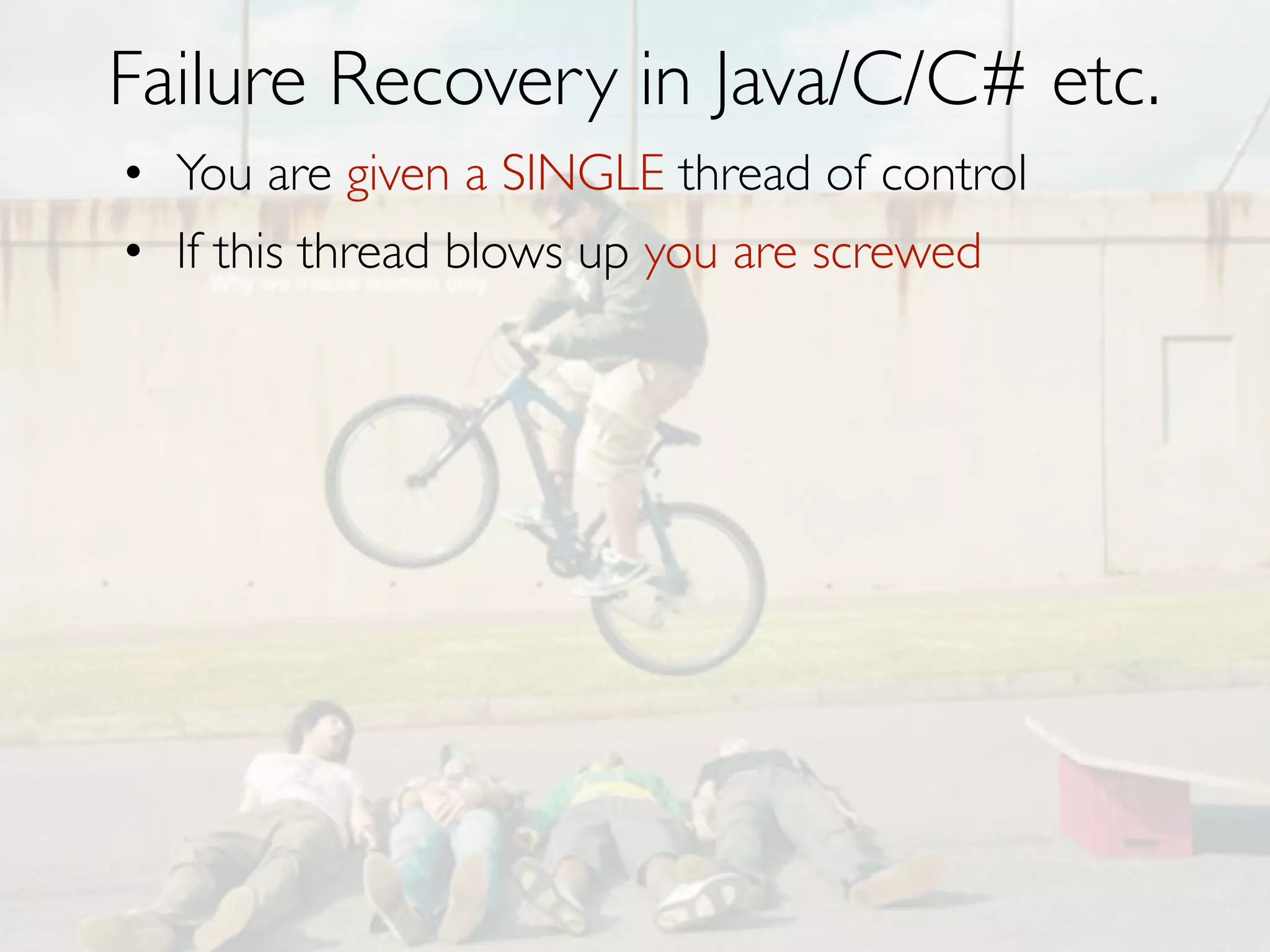 Fallacies
Peter
Deutsch’s
8 Fallacies
of
Distributed
Computing

1. The network is reliable
2. Latency is zero
3. Bandwidth is infinite
4. The network is secure
5. Topology doesn't change
6. There is one administrator
7. Transport cost is zero
8. The network is homogeneous

 