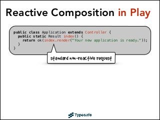 Reactive Composition in Play
public class Application extends Controller {
  public static Result index() {
    return ok(index.render("Your new application is ready."));
  }
}

standard non-reactive request

 