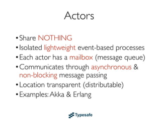 Reactive Extensions (Rx)
• Extend Futures with the concept of a Stream
• Composable in a type-safe way
• Event-based & asynchronous
• Observable ⇛ Push Collections
• onNext(T), onError(E), onCompleted()
• Compared to Iterable ⇛ Pull Collections

• Examples: Rx.NET, RxJava, RxJS etc.

 