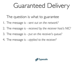...together with supervision
1. Use Isolated lightweight processes (compartments)
2. Supervise these processes
1. Each process has a supervising parent process
2. Errors are reified and sent as (async) events to the supervisor
3. Supervisor manages the failure - can kill, restart, suspend/resume

• Same semantics local as remote
• Full decoupling between business logic & error handling
• Build into the Actor model

 