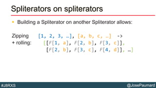 @JosePaumard#J8RXS
Spliterators on spliterators
 Building a Spliterator on another Spliterator allows:
Zipping [1, 2, 3, …], [a, b, c, …] ->
+ rolling: [[F[1, a], F[2, b], F[3, c]],
[F[2, b], F[3, c], F[4, d]], …]
 
