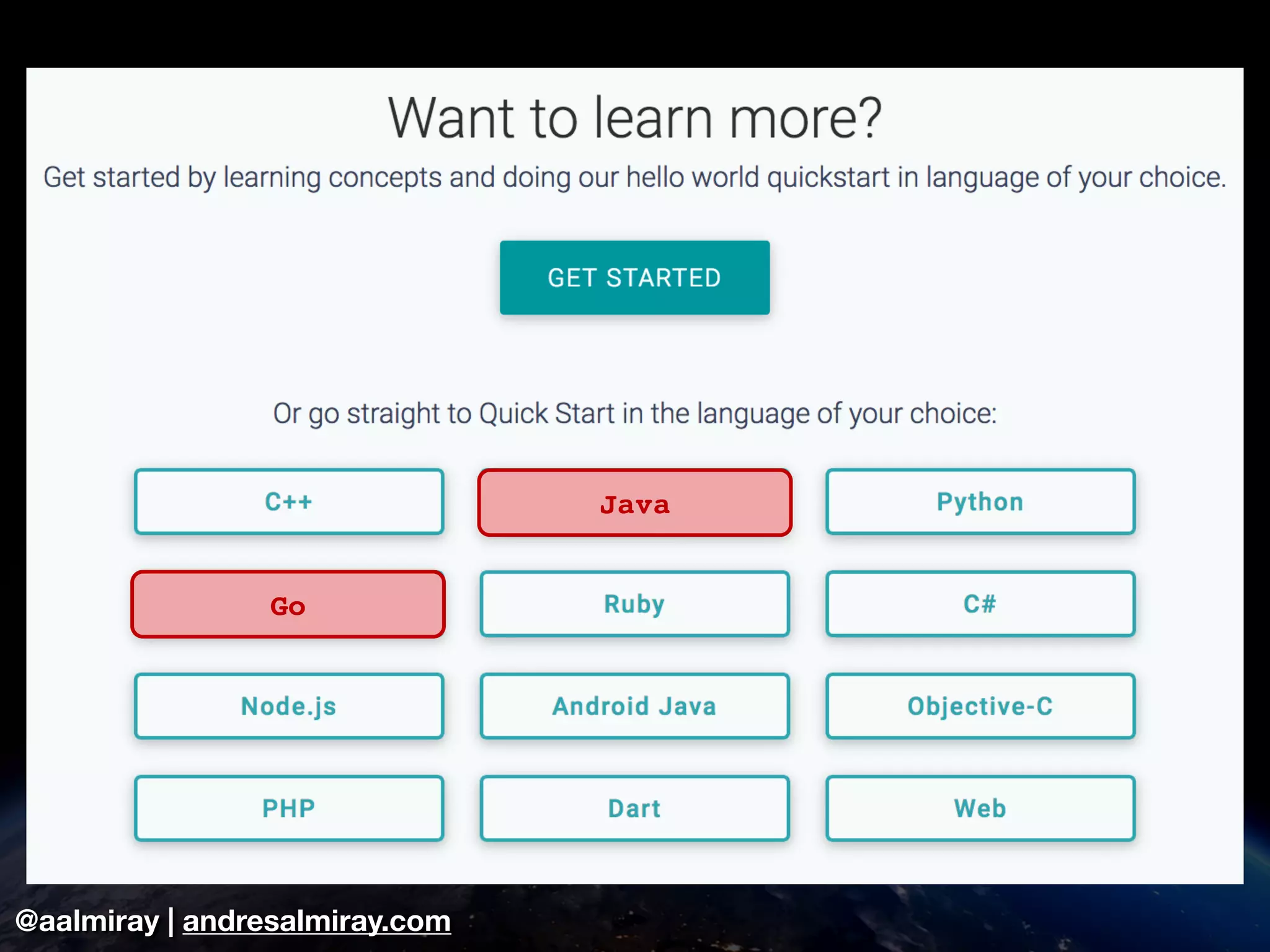 @aalmiray | andresalmiray.com
Go
Java
 