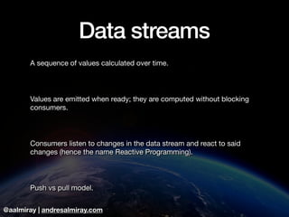 @aalmiray | andresalmiray.com
Data streams
A sequence of values calculated over time.

Values are emitted when ready; they are computed without blocking
consumers.

Consumers listen to changes in the data stream and react to said
changes (hence the name Reactive Programming).

Push vs pull model.
 