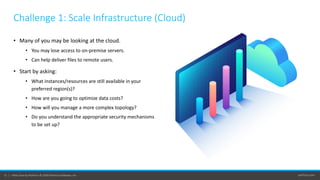 perforce.com11 | Helix Core by Perforce © 2020 Perforce Software, Inc.
• Many of you may be looking at the cloud.
• You may lose access to on-premise servers.
• Can help deliver files to remote users.
• Start by asking:
• What instances/resources are still available in your
preferred region(s)?
• How are you going to optimize data costs?
• How will you manage a more complex topology?
• Do you understand the appropriate security mechanisms
to be set up?
Challenge 1: Scale Infrastructure (Cloud)
 