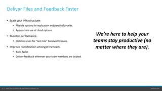 perforce.com21 | Helix Core by Perforce © 2020 Perforce Software, Inc.
Deliver Files and Feedback Faster
• Scale your infrastructure:
• Flexible options for replication and personal proxies.
• Appropriate use of cloud options.
• Monitor performance.
• Optimize even for “last mile” bandwidth issues.
• Improve coordination amongst the team.
• Build faster.
• Deliver feedback wherever your team members are located.
We’re here to help your
teams stay productive (no
matter where they are).
 
