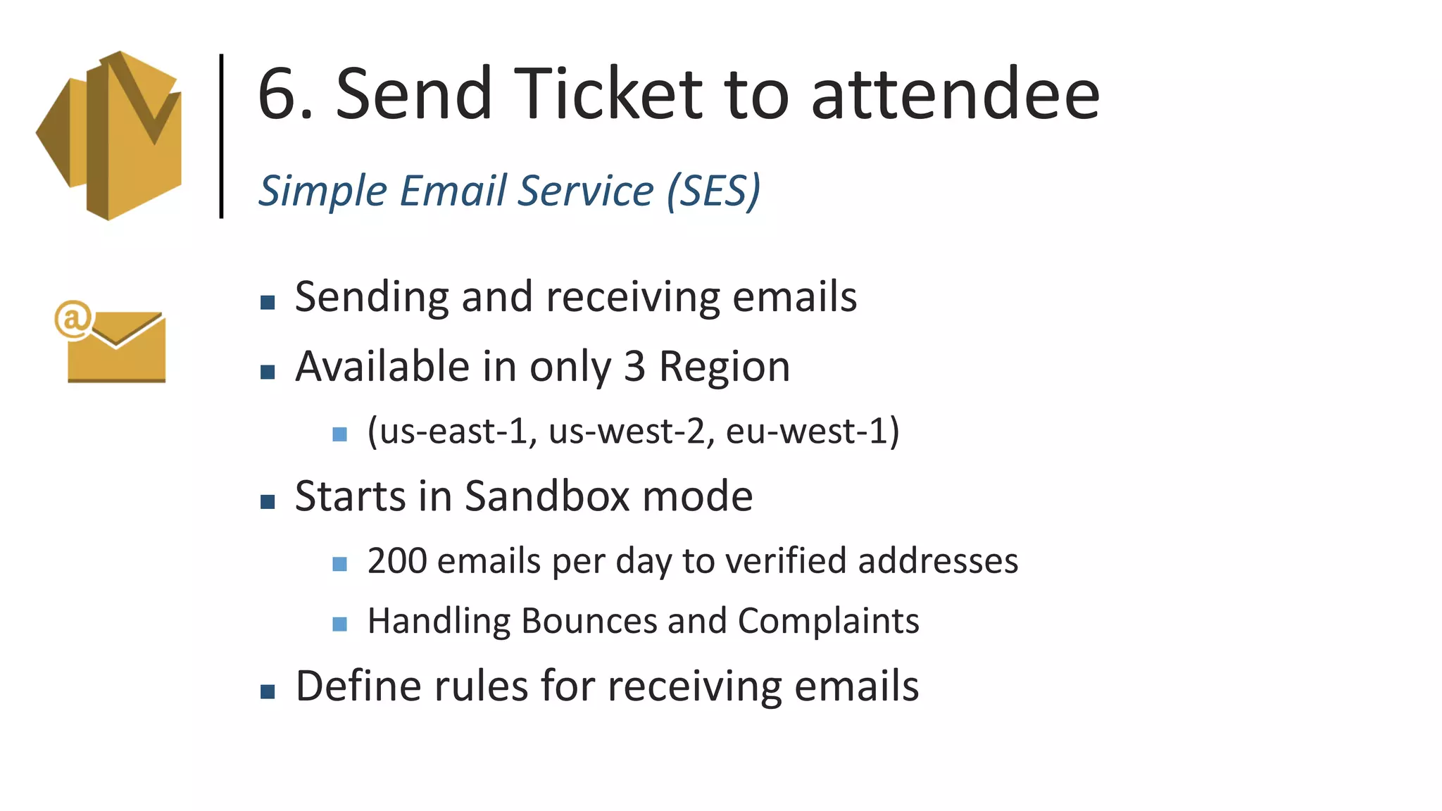 6. Send Ticket to attendee
Simple Email Service (SES)
 Sending and receiving emails
 Available in only 3 Region
 (us-east-1, us-west-2, eu-west-1)
 Starts in Sandbox mode
 200 emails per day to verified addresses
 Handling Bounces and Complaints
 Define rules for receiving emails
 