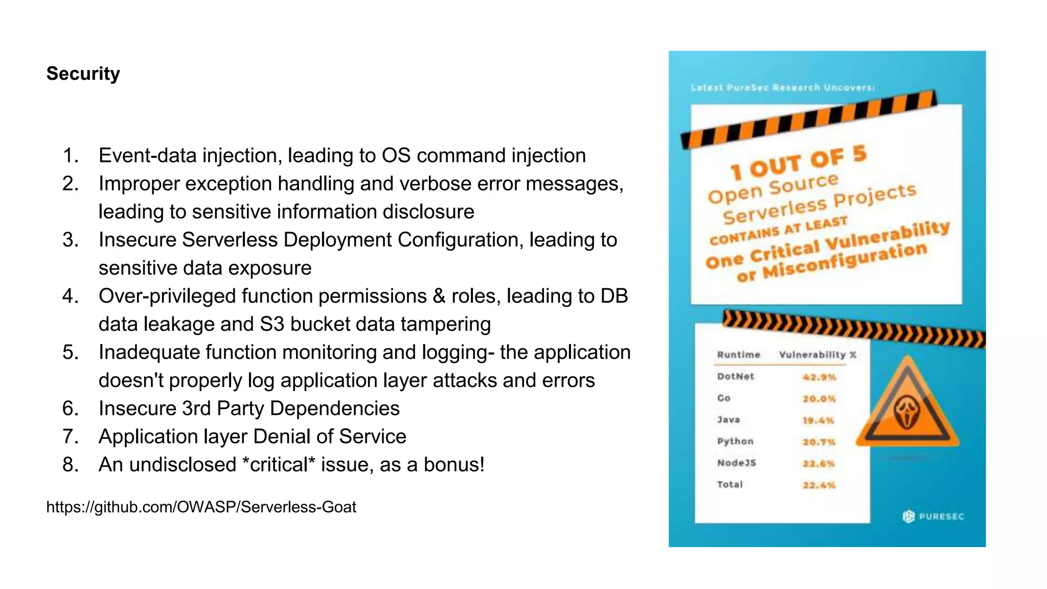 Security
1. Event-data injection, leading to OS command injection
2. Improper exception handling and verbose error messages,
leading to sensitive information disclosure
3. Insecure Serverless Deployment Configuration, leading to
sensitive data exposure
4. Over-privileged function permissions & roles, leading to DB
data leakage and S3 bucket data tampering
5. Inadequate function monitoring and logging- the application
doesn't properly log application layer attacks and errors
6. Insecure 3rd Party Dependencies
7. Application layer Denial of Service
8. An undisclosed *critical* issue, as a bonus!
https://github.com/OWASP/Serverless-Goat
 