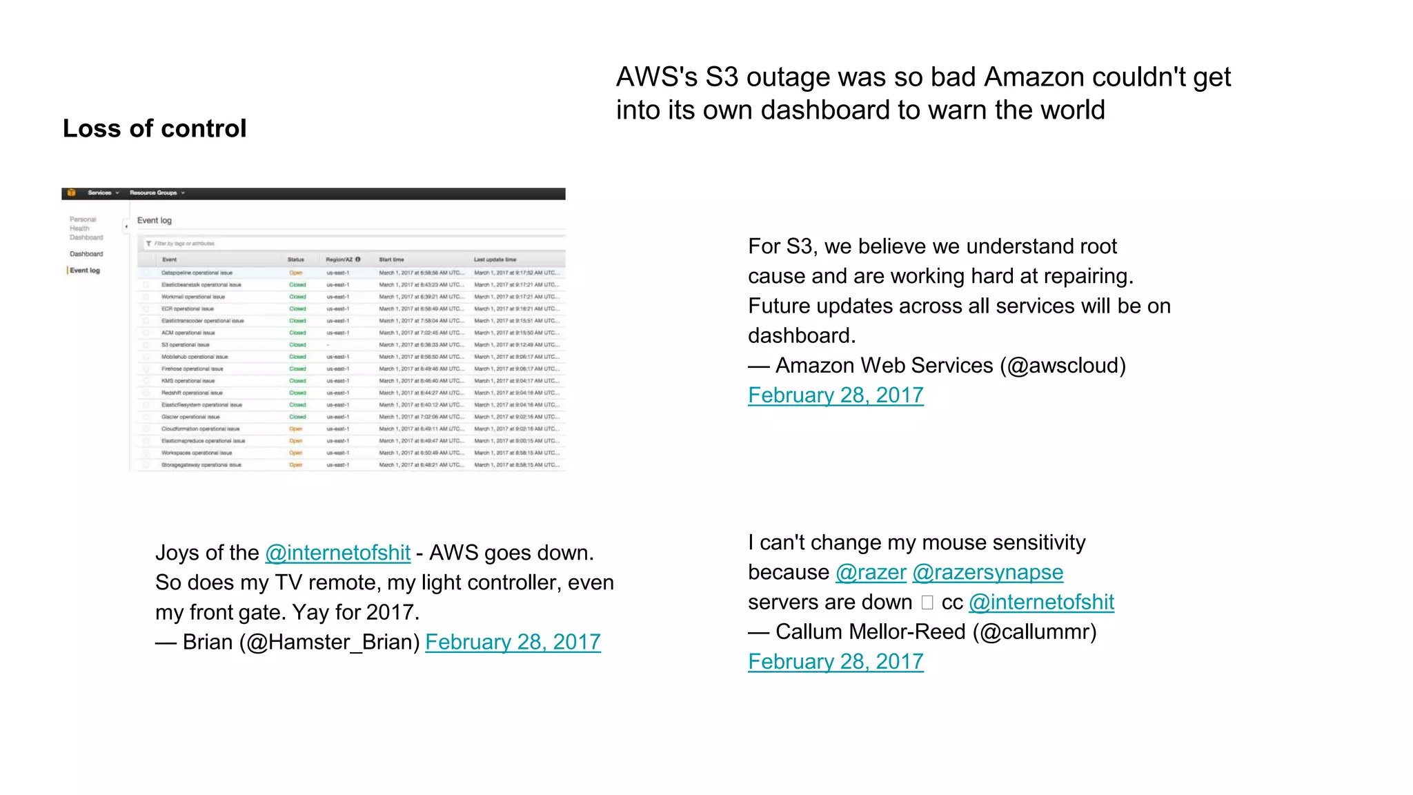 Loss of control
AWS's S3 outage was so bad Amazon couldn't get
into its own dashboard to warn the world
For S3, we believe we understand root
cause and are working hard at repairing.
Future updates across all services will be on
dashboard.
— Amazon Web Services (@awscloud)
February 28, 2017
I can't change my mouse sensitivity
because @razer @razersynapse
servers are down 🙄 cc @internetofshit
— Callum Mellor-Reed (@callummr)
February 28, 2017
Joys of the @internetofshit - AWS goes down.
So does my TV remote, my light controller, even
my front gate. Yay for 2017.
— Brian (@Hamster_Brian) February 28, 2017
 