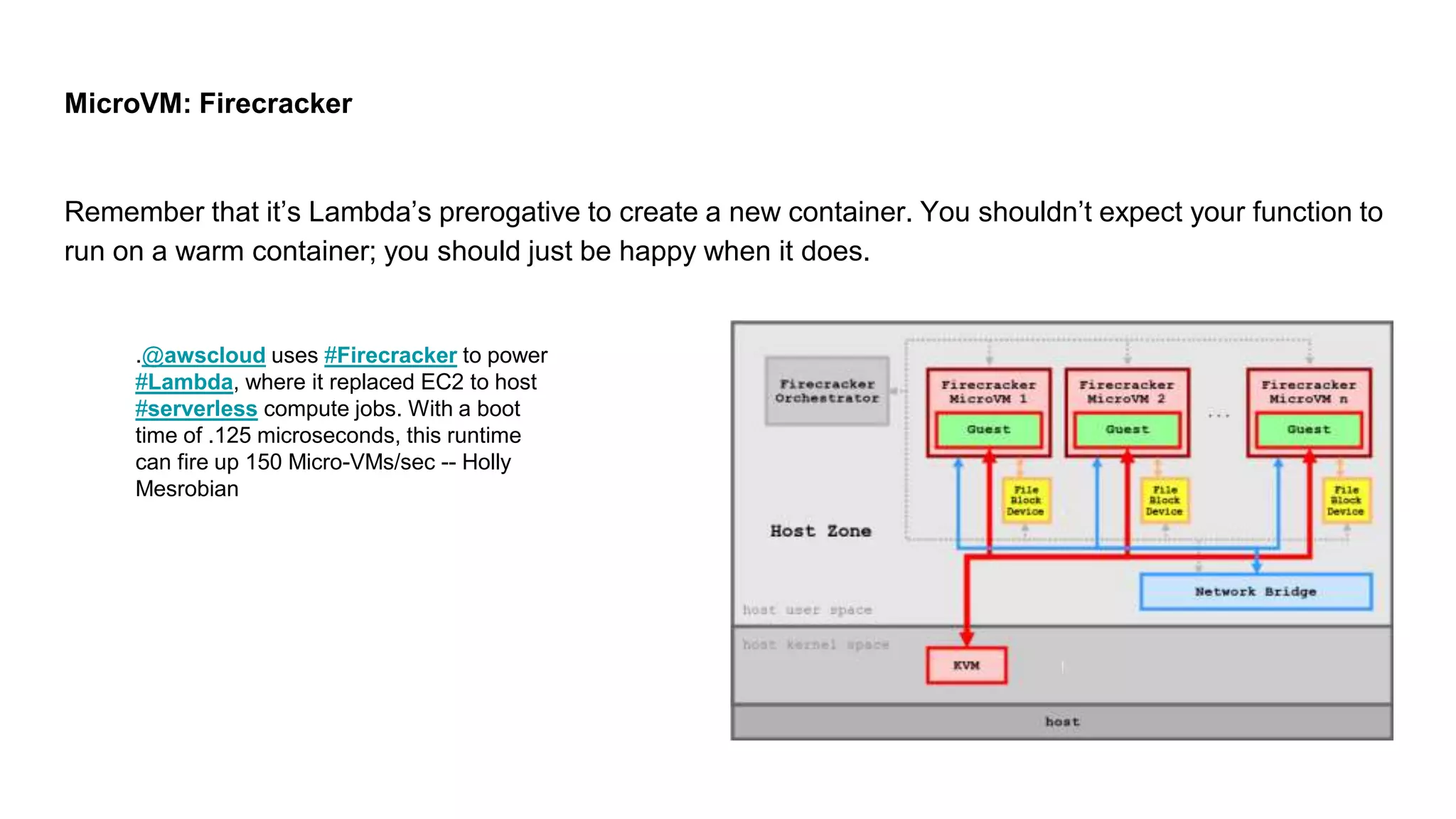 MicroVM: Firecracker
Remember that it’s Lambda’s prerogative to create a new container. You shouldn’t expect your function to
run on a warm container; you should just be happy when it does.
.@awscloud uses #Firecracker to power
#Lambda, where it replaced EC2 to host
#serverless compute jobs. With a boot
time of .125 microseconds, this runtime
can fire up 150 Micro-VMs/sec -- Holly
Mesrobian
 