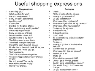 Useful shopping expressions Shop Assistant Can I help you? What can I do for you? Are you being served ? Sorry, we don't sell stamps. Anything else? It's on offer. Buy two for the price of one. How much / many would you like? What size do you take? Sorry, we are out of bread  Would another colour do? Would you like to try it on? The fitting room is over there. The dress suits you very well. Pay at the cash desk /till, please. I'll take this to the cash desk /till for you. Here you are. / Here you go. You're welcome. That's 20 euros/euro altogether  You don't happen to have any change, do you? We only accept Visa cards. How would you like to pay? Here's your change. Customer I need ... I'd like a bottle of milk, please. Have you got souvenirs ? Do you sell stamps? Where can I buy post cards? Where can I get a film for my camera? Where can I find newspapers? I’m looking for a jumper. It doesn't fit me. It doesn't suit me. I don't like it. It's too small / big /wide/loose/tight/ expensive. I'm size ... Have you got this in another size /colour? May I try this on, please? Where can I try this on, please? How much is it? That's all. Where is the cash desk / till? Could I get a receipt , please? Could I get a (plastic) bag, please? (I'm afraid/ Sorry) I don't have any change. Do you accept credit cards?   