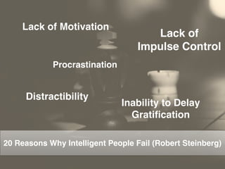 20 Reasons Why Intelligent People Fail (Robert Steinberg)
Lack of Motivation
Procrastination
Lack of !
Impulse Control
Distractibility
Inability to Delay
Gratiﬁcation
 