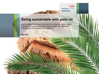 Going sustainable with palm oil
SUSTAINABLE PALM OIL IS PRODUCED FROM OIL PALM TREES
FARMED IN A SUSTAINABLE MANNER BASED ON ECONOMIC,
SOCIAL AND ENVIRONMENTAL VIABILITY.


May 2012
 