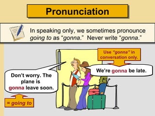 PronunciationPronunciation
In speaking only, we sometimes pronounce
going to as “gonna.” Never write “gonna.”
We’re gonna be late.We’re gonna be late.gonna
Don’t worry. The
plane is
gonna leave soon.
Don’t worry. The
plane is
gonna leave soon.gonna
= going to= going to
Use “gonna” in
conversation only.
Use “gonna” in
conversation only.
 