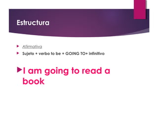 Estructura



Afirmativa



Sujeto + verbo to be + GOING TO+ infinitivo

I

am going to read a
book

 