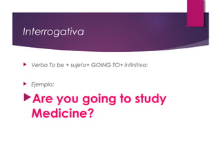Interrogativa



Verbo To be + sujeto+ GOING TO+ infinitivo:



Ejemplo:

Are

you going to study
Medicine?

 