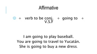 Affirmative
 + verb to be conj. + going to +
V.S.F
I am going to play baseball.
You are going to travel to Yucatán.
She is going to buy a new dress.
 