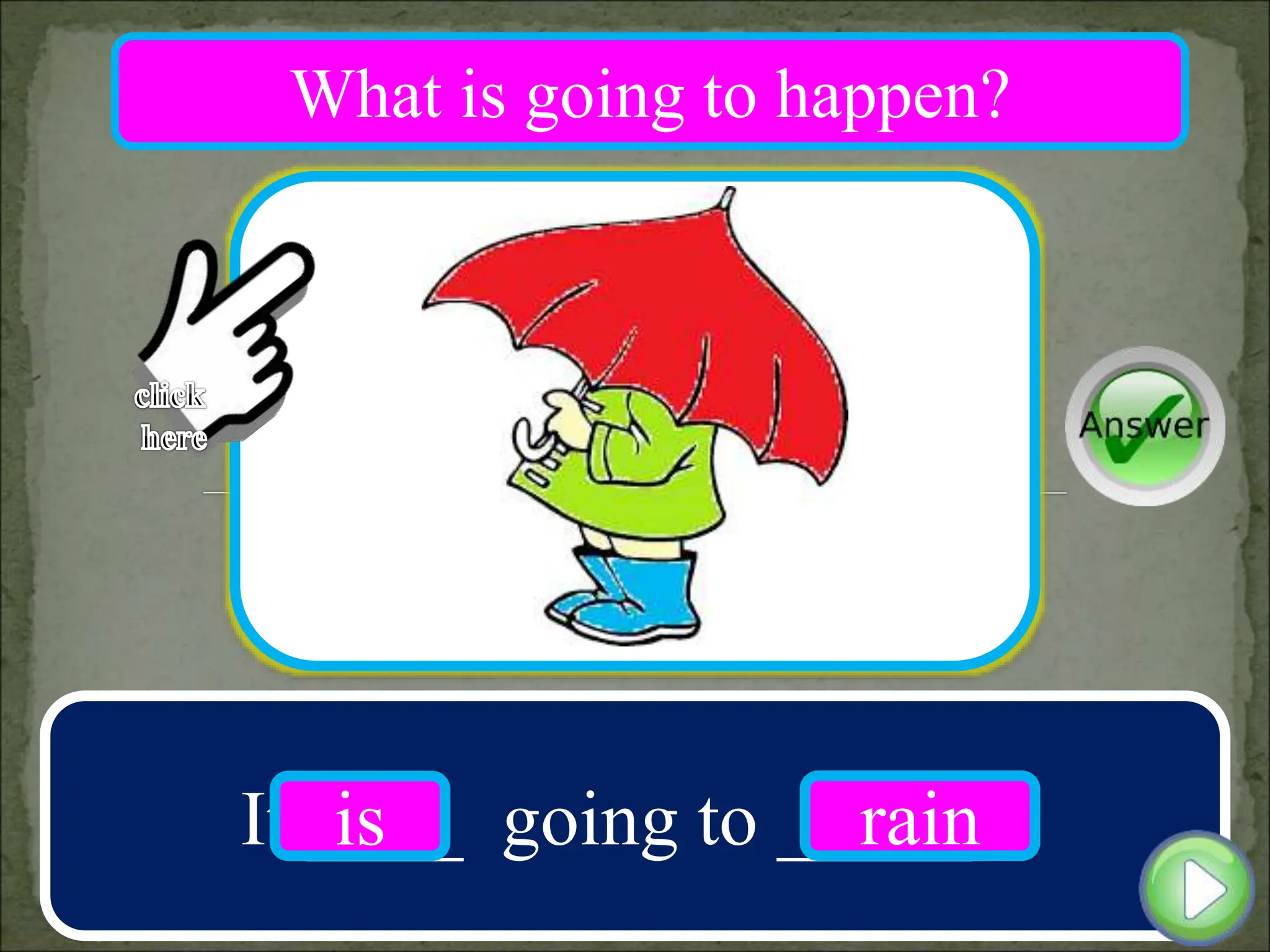 It ____ going to _____ .
is rain
What is going to happen?
 