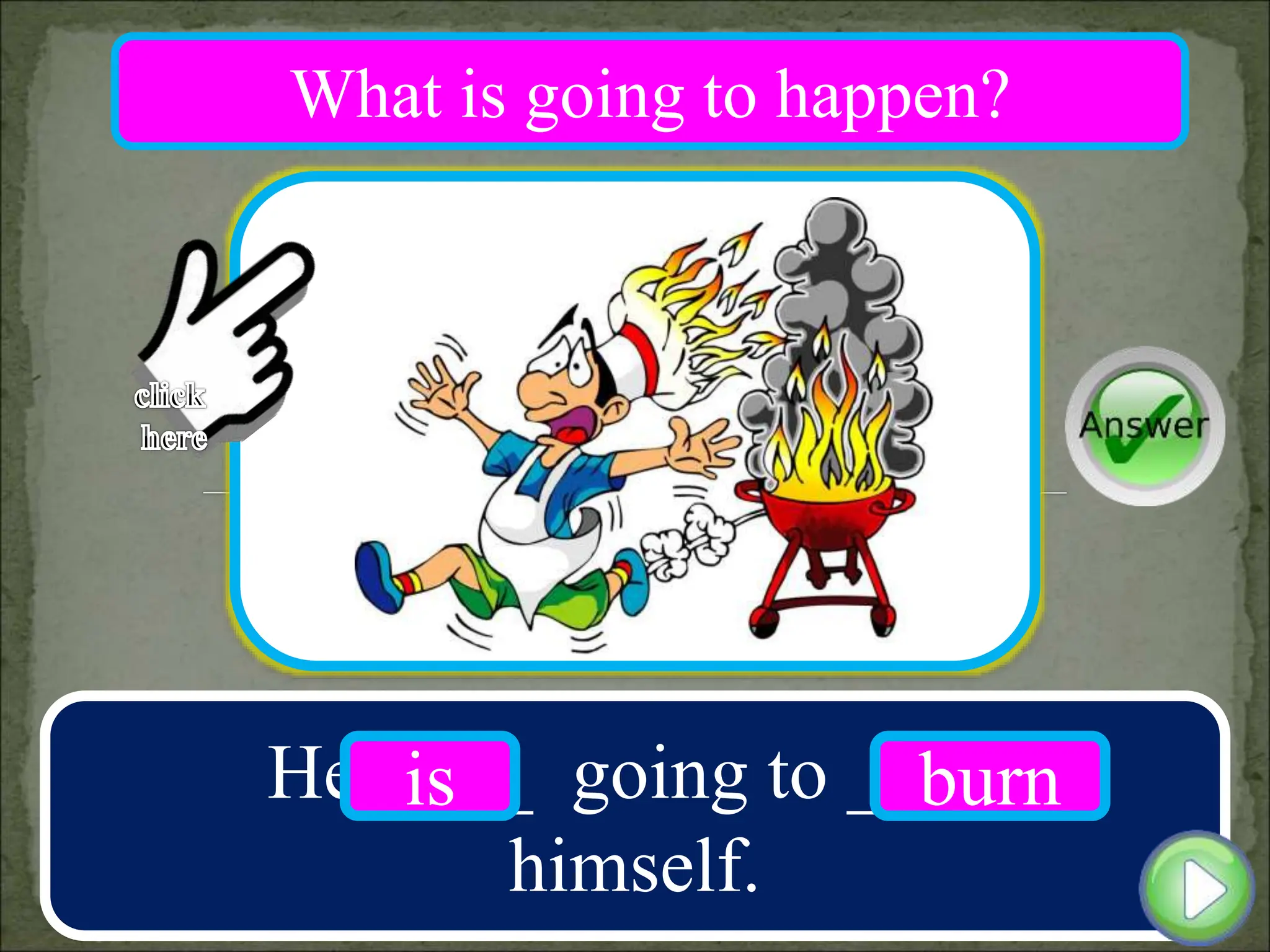 He ____ going to ____
himself.
is burn
What is going to happen?
 