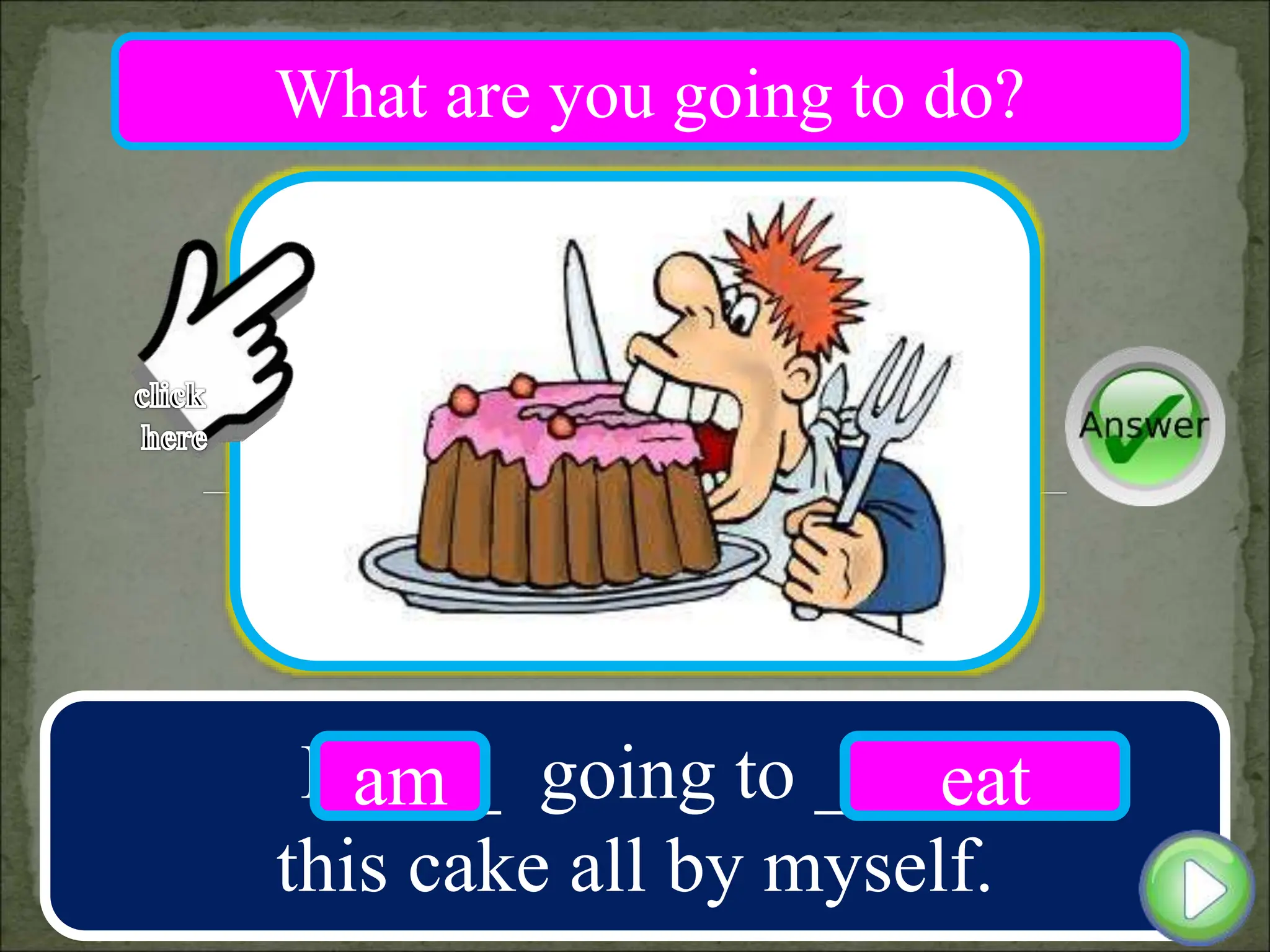 I ____ going to ____
this cake all by myself.
am eat
What are you going to do?
 