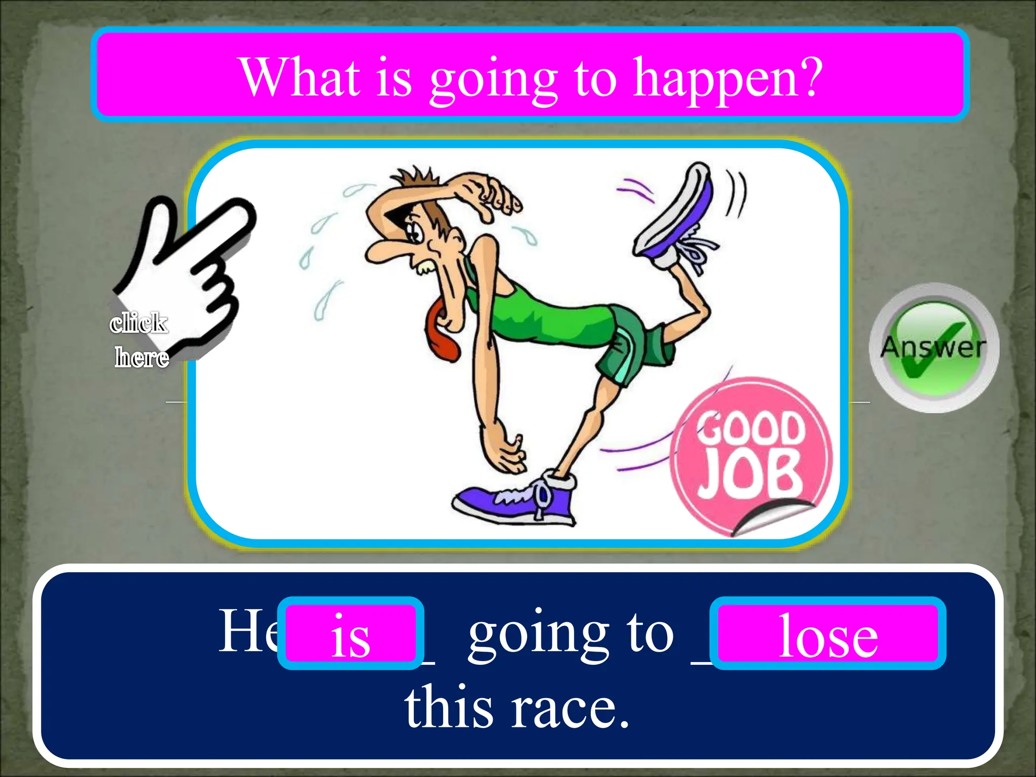 He ____ going to ____
this race.
is lose
What is going to happen?
 