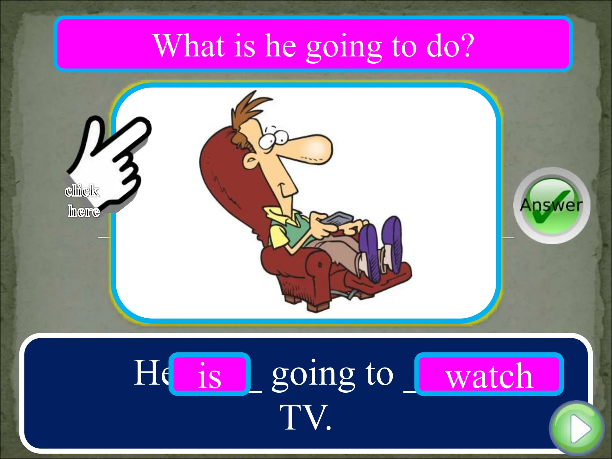 He ____ going to ____
TV.
is watch
What is he going to do?
 