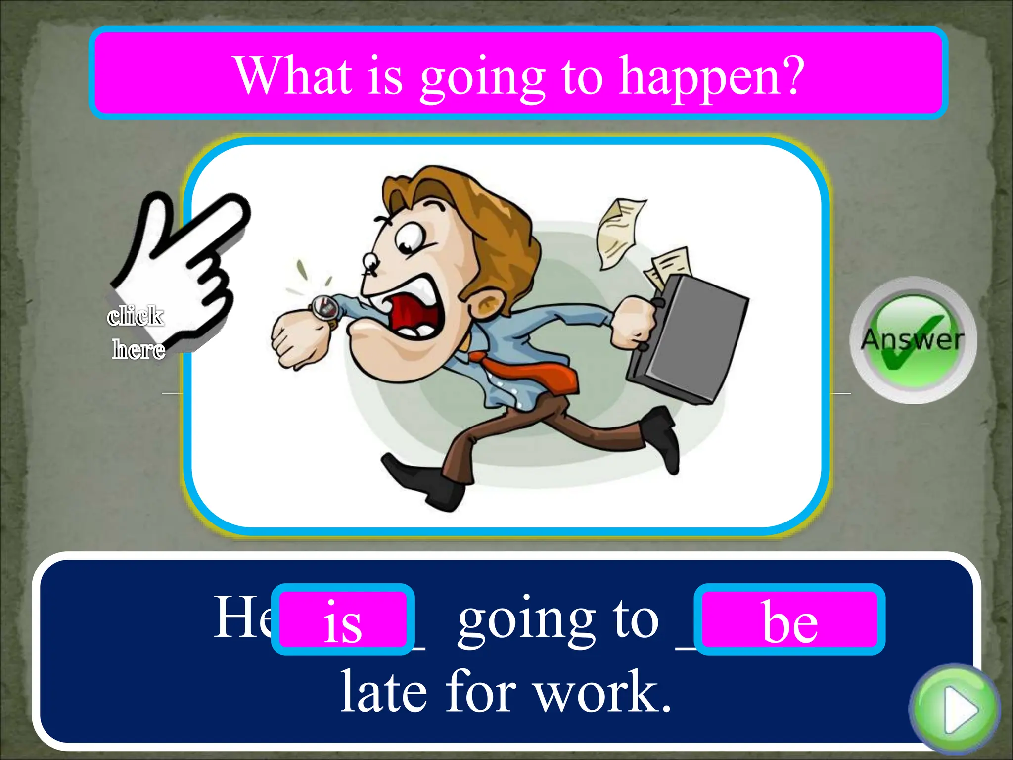 He ____ going to ____
late for work.
is be
What is going to happen?
 
