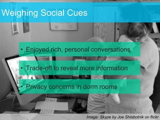 Weighing Social Cues



    • Enjoyed rich, personal conversations

    • Trade-off to reveal more information

    • Privacy concerns in dorm rooms



                           Image: Skype by Joe Shlabotnik on flickr
 