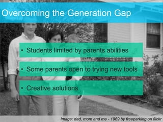 Overcoming the Generation Gap



    • Students limited by parents abilities

    • Some parents open to trying new tools

    • Creative solutions



                  Image: dad, mom and me - 1969 by freeparking on flickr
 