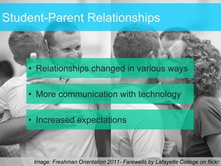 Student-Parent Relationships



    • Relationships changed in various ways

    • More communication with technology

    • Increased expectations



     Image: Freshman Orientation 2011- Farewells by Lafayette College on flickr
 