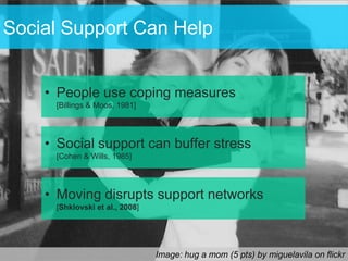 Social Support Can Help


    • People use coping measures
     [Billings & Moos, 1981]




    • Social support can buffer stress
     [Cohen & Wills, 1985]




    • Moving disrupts support networks
     [Shklovski et al., 2008]




                                Image: hug a mom (5 pts) by miguelavila on flickr
 
