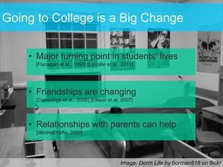 Going to College is a Big Change


    • Major turning point in students’ lives
      [Flanagan et al., 1993] [LaValle et al., 2011]




    • Friendships are changing
      [Cummings et al., 2006] [Ellison et al, 2007]




    • Relationships with parents can help
      [Wintre&Yaffe, 2000]




                                             Image: Dorm Life by borman818 on flickr
 