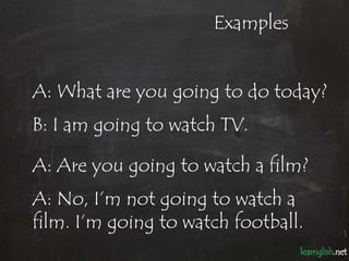 Examples


A: What are you going to do today?
B: I am going to watch TV.

A: Are you going to watch a film?
A: No, I’m not...