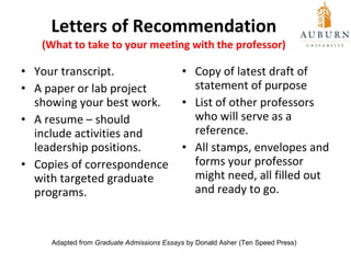 Letters of Recommendation (What to take to your meeting with the professor) <ul><li>Your transcript. </li></ul><ul><li>A p...