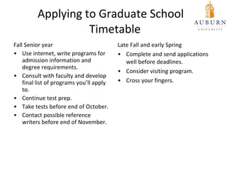 Applying to Graduate School   Timetable <ul><li>Fall Senior year </li></ul><ul><li>Use internet, write programs for admiss...