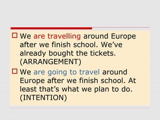  We are travelling around Europe
after we finish school. We’ve
already bought the tickets.
(ARRANGEMENT)
We are going to travel around
Europe after we finish school. At
least that’s what we plan to do.
(INTENTION)