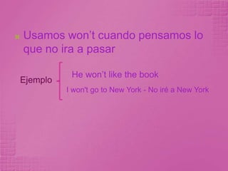Para hacerPREDICCIONES (este uso aparece especialmente con verbos de pensamiento como think, relieve, tobeafraid…). I thinkyou'llberich and have ten childrenEjemplo:En interrogativo esWill + Sujeto + Verbo en infinitivo sin “to”