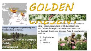 • Name given to one of Asia's two principal areas of
illicit opium production (with the other being
the Golden Triangle) located at the crossroads
of Central, South, and Western Asia. It overlaps three
nations:
1. Afghanistan
2. Iran
3. Pakistan
 