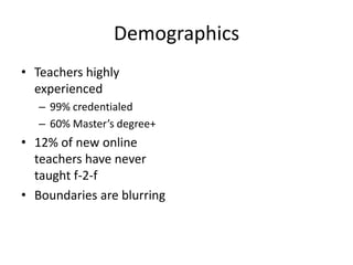 DemographicsTeachers highly experienced99% credentialed60% Master’s degree+12% of new online teachers have never taught f-2-fBoundaries are blurring
