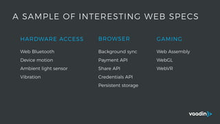 HARDWARE ACCESS
A SAMPLE OF INTERESTING WEB SPECS
Web Bluetooth
Device motion
Ambient light sensor
Vibration
BROWSER
Background sync
Payment API
Share API
Credentials API
Persistent storage
GAMING
Web Assembly
WebGL
WebVR
 