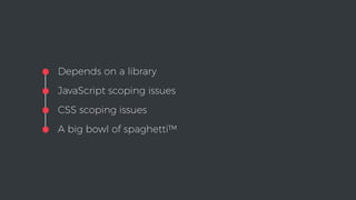 •Depends on a library
•JavaScript scoping issues
•CSS scoping issues
•A big bowl of spaghetti™
 