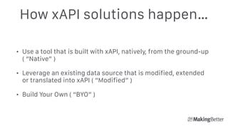 How xAPI solutions happen…
• Use a tool that is built with xAPI, natively, from the ground-up
( “Native” )
• Leverage an existing data source that is modified, extended
or translated into xAPI ( “Modified” )
• Build Your Own ( “BYO” )
 